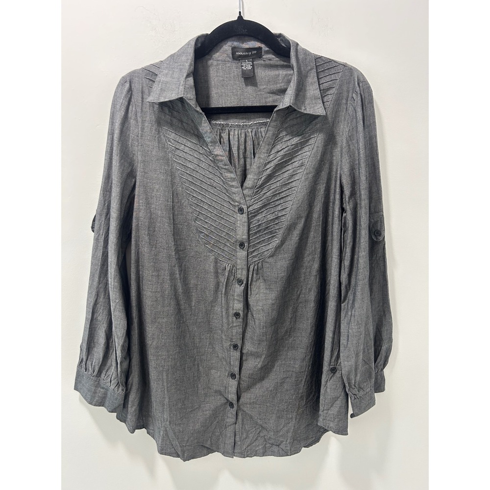 Industry 212 Womens Grey Pintuck Button Front Roll Tab Sleeve Cotton Blouse L